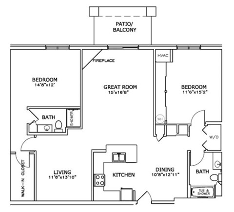 Floor plan for 2 beds, 2 baths, 1402 sqft